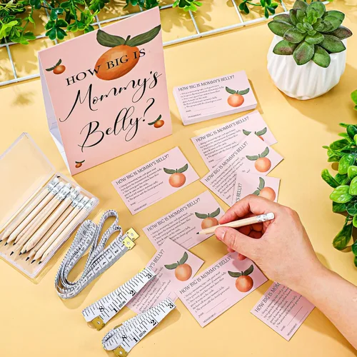 Vista 11 de Sabary 64 Piezas Juegos de Baby Shower Incluyen Letrero How Big is Mommy's Belly Sign Measure Bump Game 50 Tarjetas 10 Lápices 3 Cintas Métricas