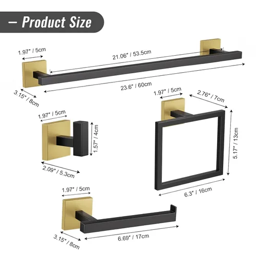 Vista 6 de YACVCL Juego de Barra de Toallas, Juego de 5 Piezas de Accesorios de Baño Negro y Dorado, Juego de Accesorios de Baño Negro y Dorado, Soporte
