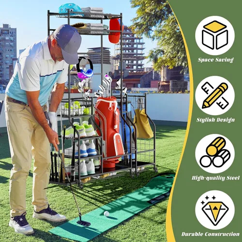 Vista 3 de ROOMTEC Organizador de almacenamiento de bolsas de golf, estante de almacenamiento de bolsas de golf para garaje, estante de almacenamiento