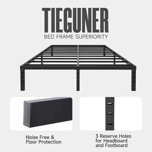 Vista 4 de Base de cama King de 14 pulgadas, plataforma de metal resistente, marco de cama de fácil montaje, no necesita somier, soporte de colchón de 3500