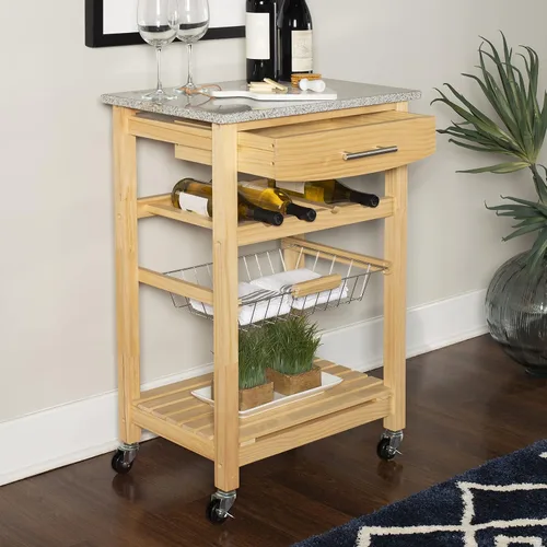 Vista 10 de Linon Isla de cocina con tapa de granito natural Mila con cesta de almacenamiento y ruedas