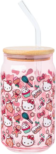 Vista 20 de Silver Buffalo Sanrio - Vaso de vidrio con tapa de bambú y sorbete de vidrio de fotos de Badtz-Maru, 16 onzas