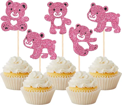 Vista 9 de Rsstarxi Paquete de 24 Adornos para Cupcakes We Can Bearly Wait con Purpurina de Oso para Baby Shower, Palillos Decorativos para Cupcakes