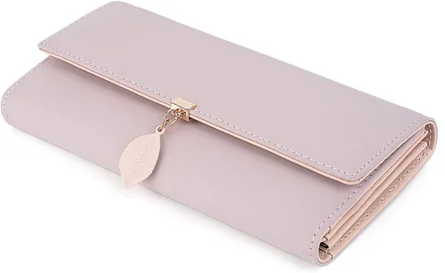Vista 5 de UTO - Cartera pequeña RFID de piel sintética con dije de hoja, cierre de cremallera y tarjetero.