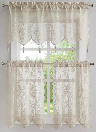 Vista 15 de LinenZone Cenefa de encaje transparente con 6 borlas y parte inferior festoneada para cocina, baño, comedor, sala de estar, dormitorio o sótano.