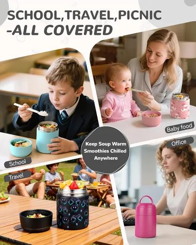 Vista 8 de Termo de sopa de 10 onzas para comida caliente para niños, tarro de comida aislado con cuchara boca ancha, recipiente de almuerzo de acero