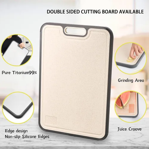 Vista 2 de Tablas de cortar de titanio para cocina de doble cara, tabla de cortar de doble cara de grado alimenticio, titanio puro y paja de trigo, apta