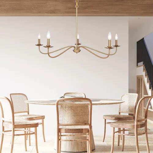 Vista 4 de Candelabro moderno, lámpara de 5 luces para comedor, lámpara dorada de altura ajustable, lámpara de araña de granja para comedor, entrada