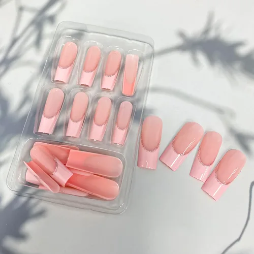 Vista 2 de 24 piezas de uñas postizas largas a presión de verano, uñas postizas de punta francesa, uñas postizas con purpurina rosa, diseños de puntas de uñas