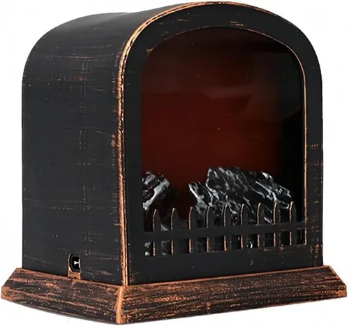 Vista 29 de Farol de chimenea pequeño y acogedor tradicional realista con efecto de llama de leña, luz LED, estilo carbón, lámpara de mesa