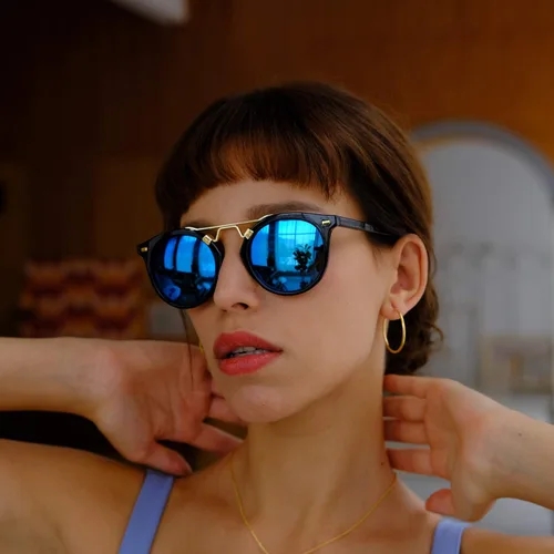 Vista 5 de LEMON GRASS Gafas de sol para mujer, estilo vintage, retro, redondas, espejadas, con borde con cuernos