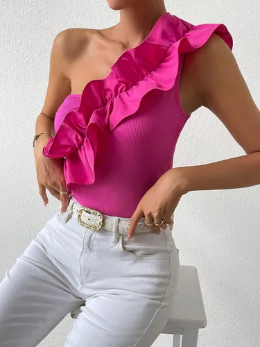 Vista 6 de MakeMeChic Body liso de un hombro sin mangas con volantes en capas para mujer