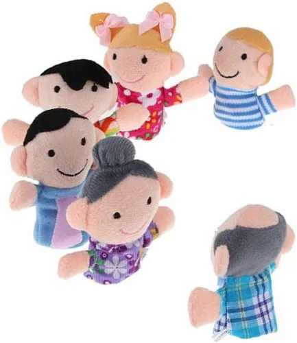 Vista 4 de Juego de 6 mini abuelos, juego de marionetas de dedo, marionetas de terciopelo de tela, 6 personas, miembros de la familia, marionetas de dedo