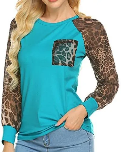 Vista 3 de Camiseta con estampado de retazos y leopardo de manga larga, blusas informales de talla grande para mujer