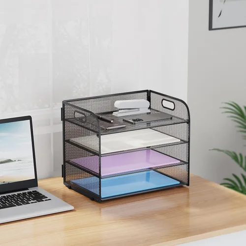Vista 7 de Marbrasse Organizador de Papel de 4 Niveles Bandeja para Cartas - Organizador de Archivos de Escritorio de Malla con Asa, Organizador Clasificador