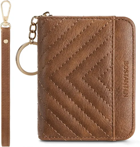 Vista 12 de BOSTANTEN Cartera de piel con bloqueo RFID para tarjetas de crédito, cartera pequeña para mujer, con cremallera, llavero y cartera con correa