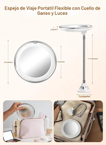 Vista 6 de Espejo de aumento 10x con luz, espejo de maquillaje de viaje flexible
