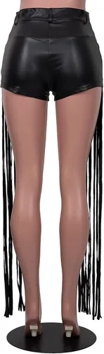 Vista 6 de WOKANSE Pantalones cortos de piel sintética con borlas para mujer, pantalones cortos de yoga con bolsillos, pantalones cortos para mujer