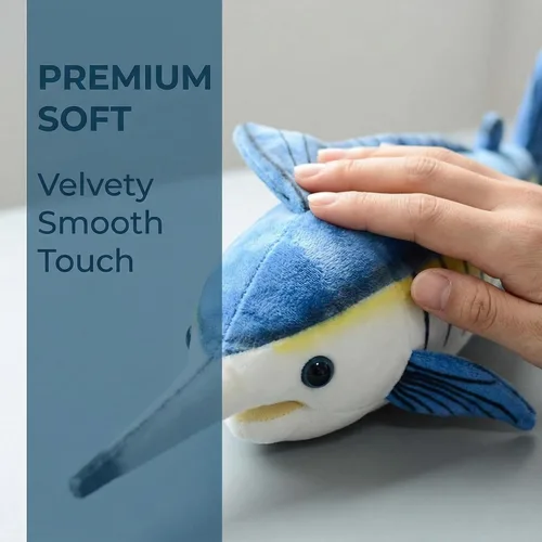 Vista 4 de Juguete de peluche de pez Marlin de simulación, animales realistas de 18.5 pulgadas, animales de peluche azul Marlin, muñecas de felpa súper suaves