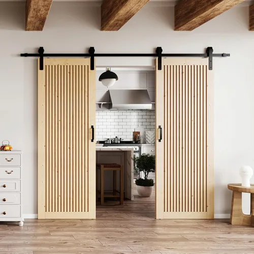 Vista 5 de BARNER HOME Puerta de granero de madera de pino de 30 x 84 pulgadas, puerta corredera decorativa de 1 lite, con kit de herramientas incluido Puerta
