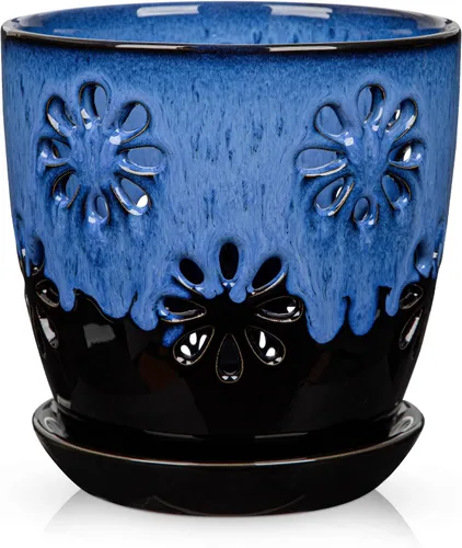 Vista 9 de Ollas de orquídeas de 6 pulgadas con agujeros Brown Black Ceramic Orchid Pot para trasplante marrón y negro