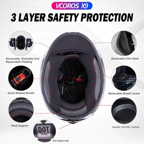 Vista 9 de VCOROS Casco integral de doble visera para motocicleta para adultos, Casco de moto de calle y carrera X9 aprobado por DOT con visera negra