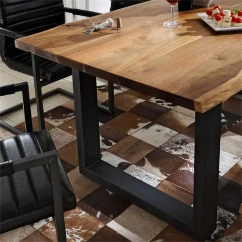 Vista 5 de LAKIQ Mesa de comedor industrial de madera maciza, rectangular, para cocina, comedor, sala de estar, mesa de centro con doble pedestal de metal