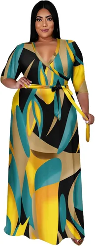 Vista 18 de Runwind Vestidos de Talla Grande para Mujeres Vestido Maxi Floral Suelto Manga 3/4 con Cinturón 01-Negro