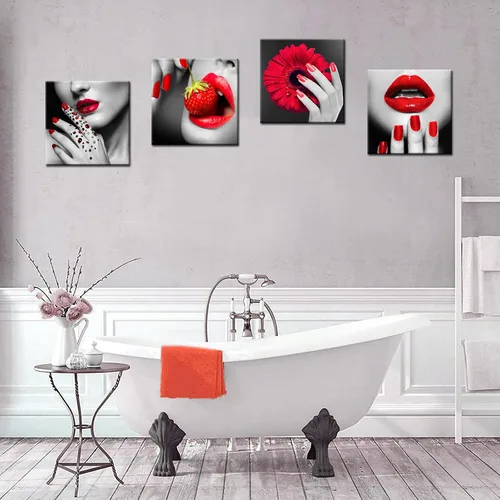 Vista 4 de Biuteawal Impresión artística moderna para mujer, impresión de labios rojos y uñas, elegante enmarcado femenino, pintura de arte de pared, arte