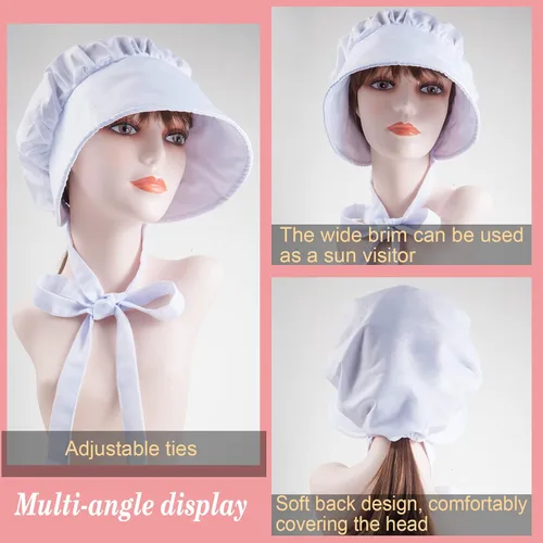 Vista 2 de ZJoey White Mob Cap Costume Pioneer Bonnet Women's Colonial Bonnet Grandma Night Hat Accessories with Adjustable Straps