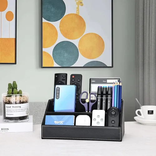 Vista 6 de KINGFOM™ Caja de almacenamiento y organizador de papelería multifunción para escritorio; estructura de madera y piel para la oficina del hogar; Negro
