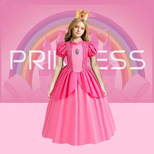 Vista 2 de MOAGIS Disfraz de princesa melocotón para niñas, disfraz de Halloween con guantes de corona, vestido rosa