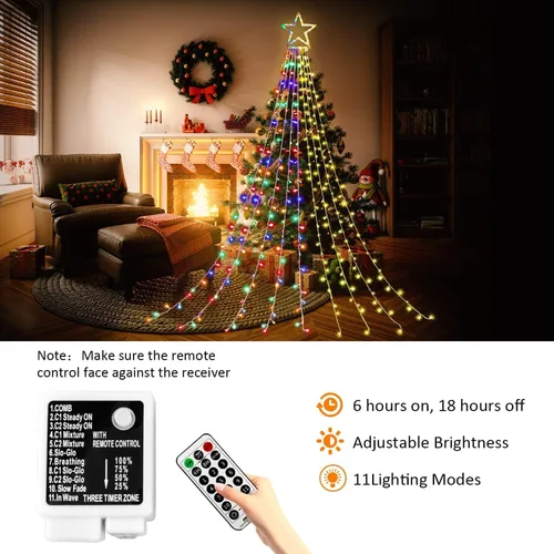 Vista 7 de DANLI Guirnalda de luces de estrella para decoración de Navidad al aire libre, 320 luces LED de 16.4 pies, luces de árbol de cascada con estrella