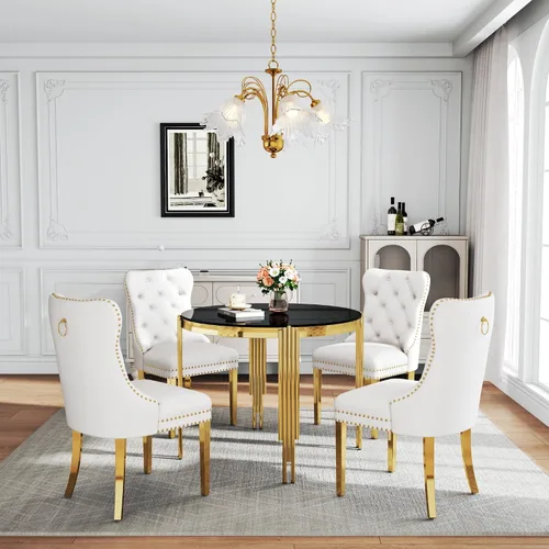 Vista 25 de Juego de mesa de comedor de cristal de 5 piezas para 4, mesa de cocina cuadrada de 37 pulgadas con 4 sillas tapizadas de terciopelo negro, mesa
