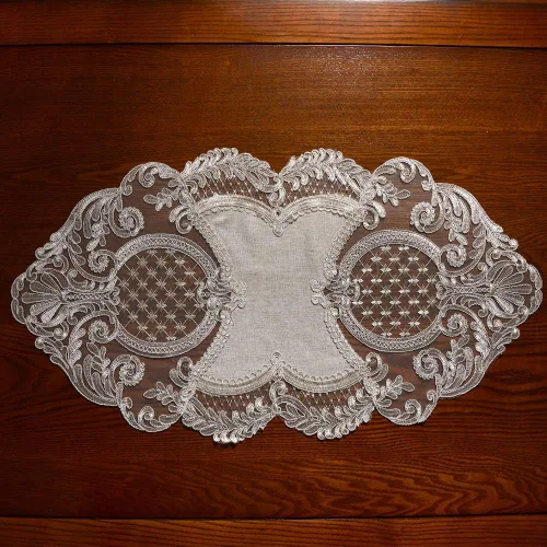 Vista 2 de ARTABLE Camino de mesa de encaje rectangular de tela de lino de algodón gris, bufanda de tocador con exquisito bordado de macramé, caminos de mesa