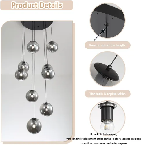 Vista 3 de ykolupty Lámpara colgante negra de 1 luz moderna de globo de vidrio gris ahumado, luces colgantes para isla de cocina, luces colgantes ajustables