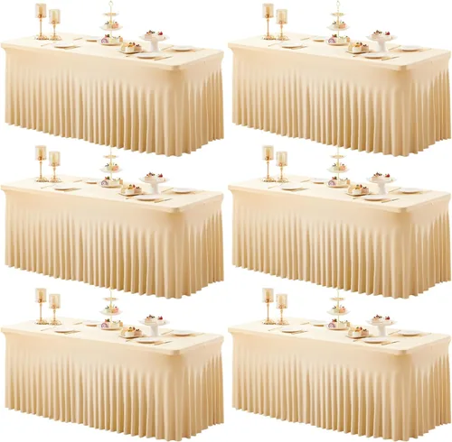 Vista 17 de Paquete de 2 manteles color azul bebé para mesa rectangular de 4 pies, manteles de elastano elásticos de 4 pies, falda blanca rectangular para baby