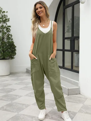 Vista 3 de Trendy Queen Overol casual de verano para mujer, sin mangas, holgado, con bolsillos, ropa 2023
