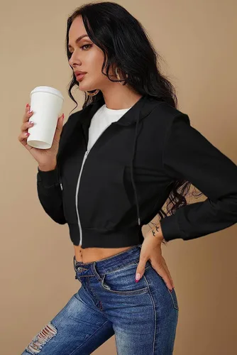 Vista 3 de Chaqueta corta con capucha y cremallera para mujer, manga larga, cordón Y2K, con bolsillos