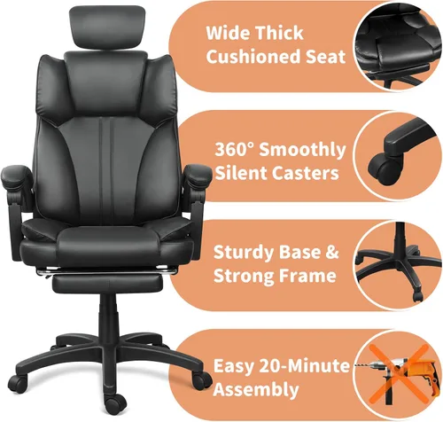 Vista 5 de Silla de oficina grande y alta, cómoda silla ergonómica de cuero para computadora con reposacabezas, respaldo alto, silla ejecutiva reclinable