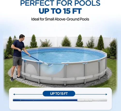 Vista 3 de FibroPool Kit de mantenimiento de piscina sobre el suelo – Poste telescópico, red desnatadora de hojas, cabezal de vacío, cepillo de piscina