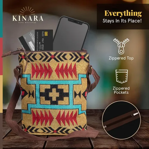 Vista 5 de Kinara Bolso cruzado tejido, diseño nativo americano del suroeste, patrón hermoso y único, tejido fino, elegante y funcional