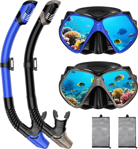 Vista 11 de Equipo de esnórquel para adultos, esnórquel seco, juego de máscara para adultos, máscara de buceo, equipo de buceo, gafas de natación con cubierta