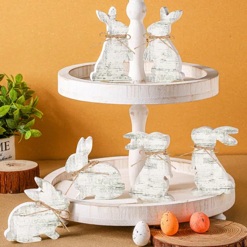 Vista 6 de Bememo 6 piezas de decoración de mesa de Pascua de conejo blanco, letreros de madera para centro de mesa, bandeja escalonada de Pascua, decoración