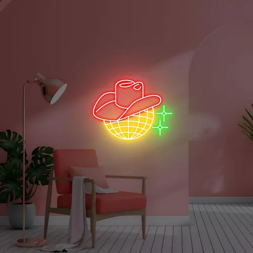 Vista 4 de Letrero de neón de bola de discoteca, sombrero de vaquero regulable, luces LED de neón para decoración de pared, letrero iluminado para dormitorio