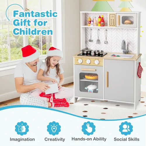 Vista 6 de Costzon Juego de cocina para niños, cocina de madera con luces y sonidos, estufas, fregadero, grifo, microondas, horno y accesorios de cocina, juego