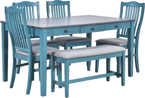 Vista 6 de Juego de mesa de comedor compacto de 6 piezas, juego de mesa de comedor de cocina de madera maciza con 4 sillas ergonómicas acolchadas y banco, mesa