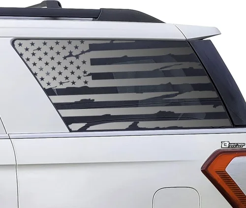 Vista 17 de BOGAR TECH DESIGNS Calcomanía de vinilo precortada con bandera estadounidense para ventana de un cuarto compatible con Ford Expedition MAX Negro