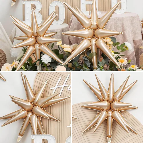Vista 4 de 9 piezas de globos de estrella beige, grandes globos de papel de aluminio en forma de estrella en explosión, globos de Mylar en punta color crema