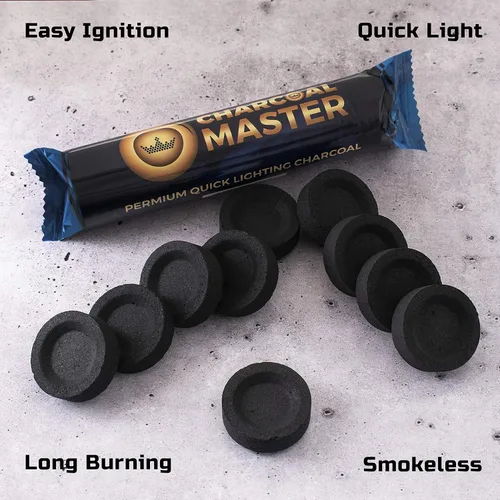Vista 3 de Juego de 100 briquetas de carbón rápido ligero por Charcoal Master - Discos instantáneos de carbón, incienso y carbón, 100 unidades por caja